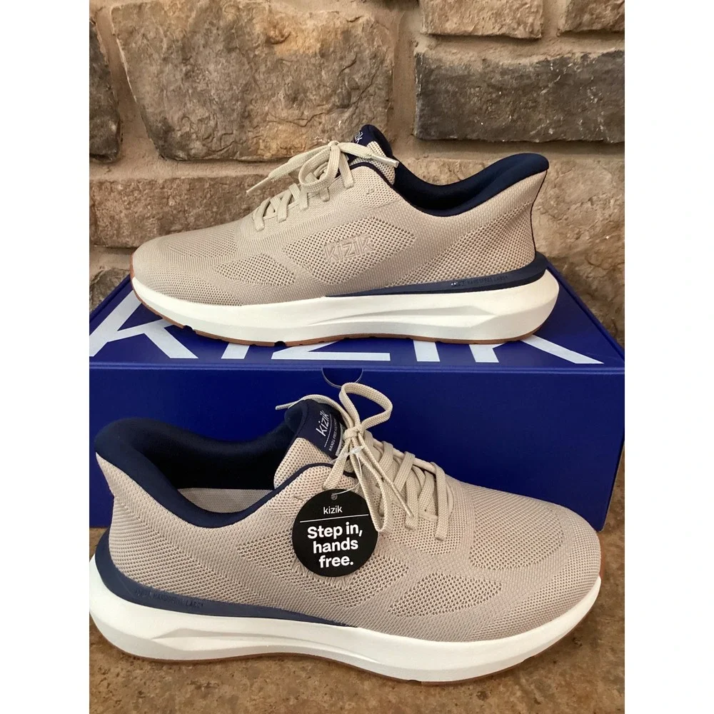 Kizik Athens 2 Knit Mens Size 10 Doeskin Navy Tan Mens Hands Free Sneakers New